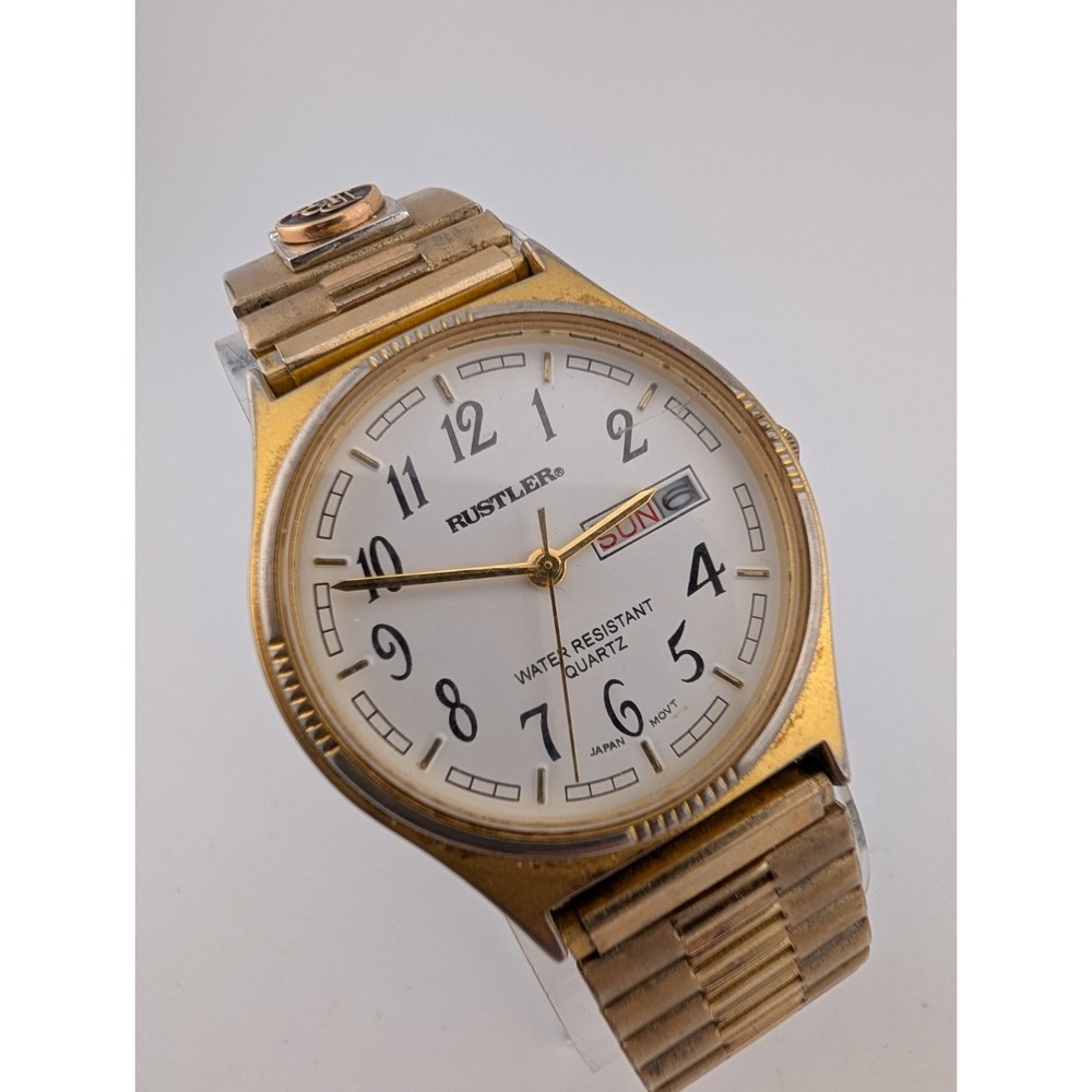 Vintage Rustler Watch Men 34mm Case Gold Stretch Band BPP Monogram- New Battery